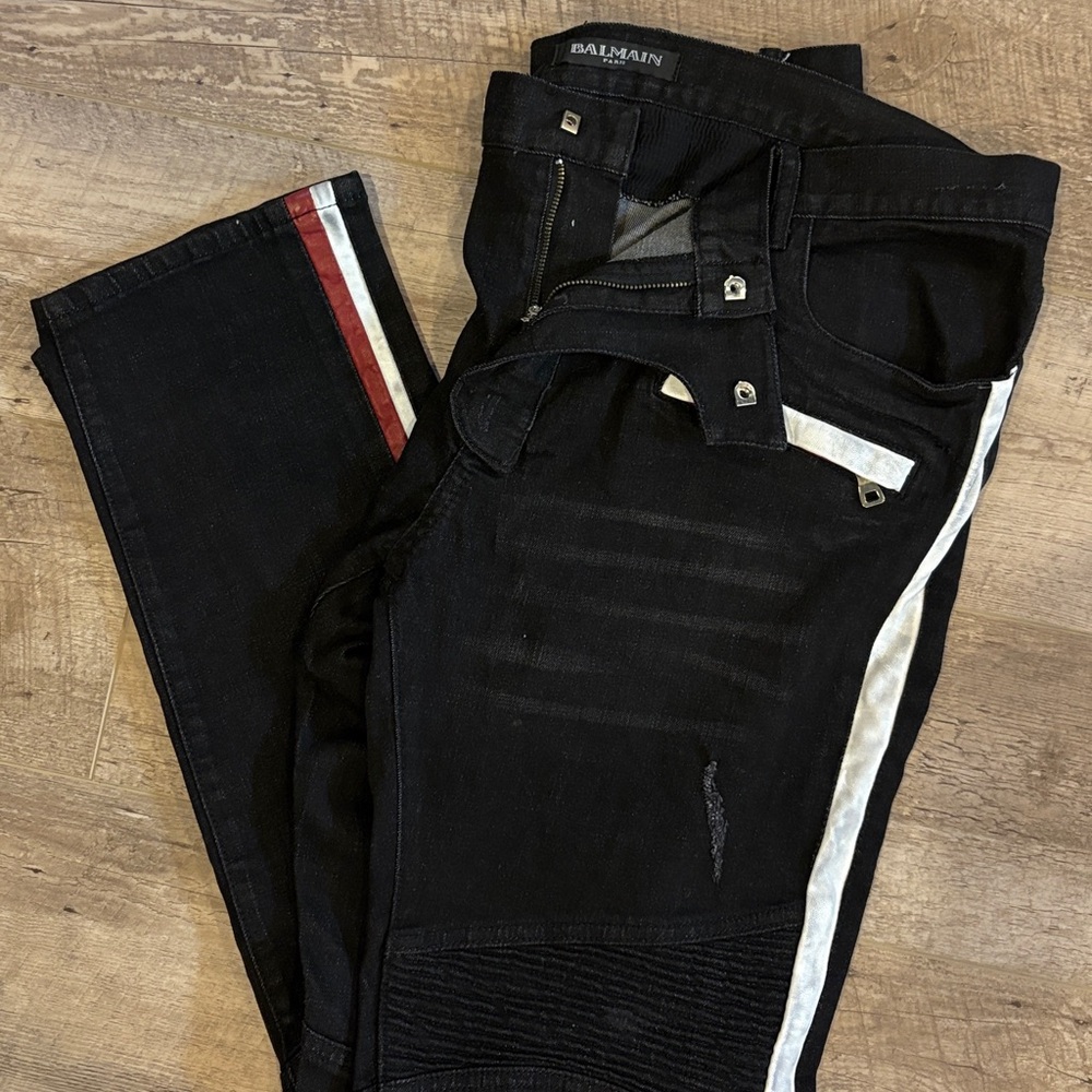 Balmain Men's Skinny Jeans - Black with White & Red Side Stripes